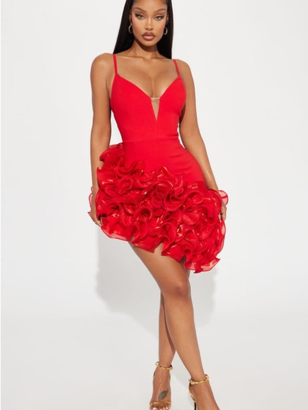 FashionNova Red Ruffle Mini Dress with Plunge Neckline Small